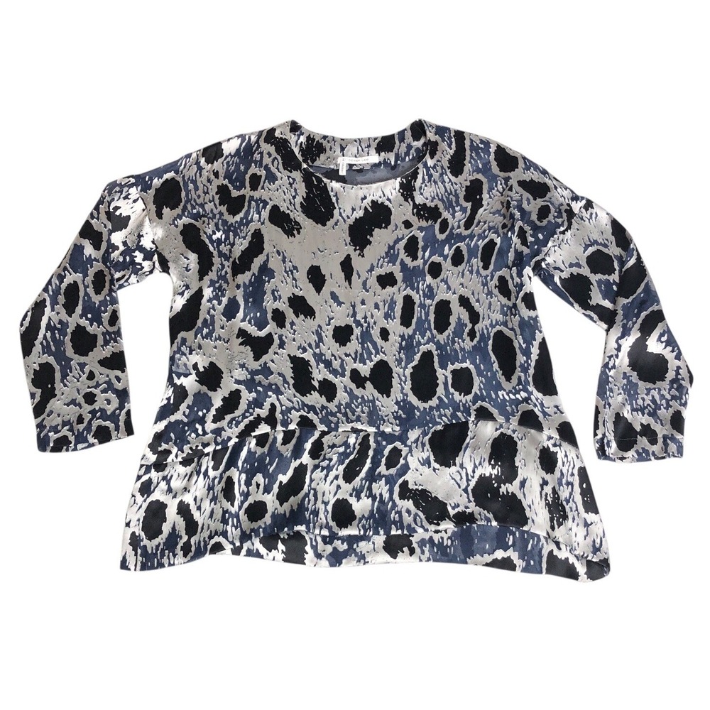Derek Lam 10 Crosby Top Womens M Blue Silk Blend Metallic Animal Print Blouse
